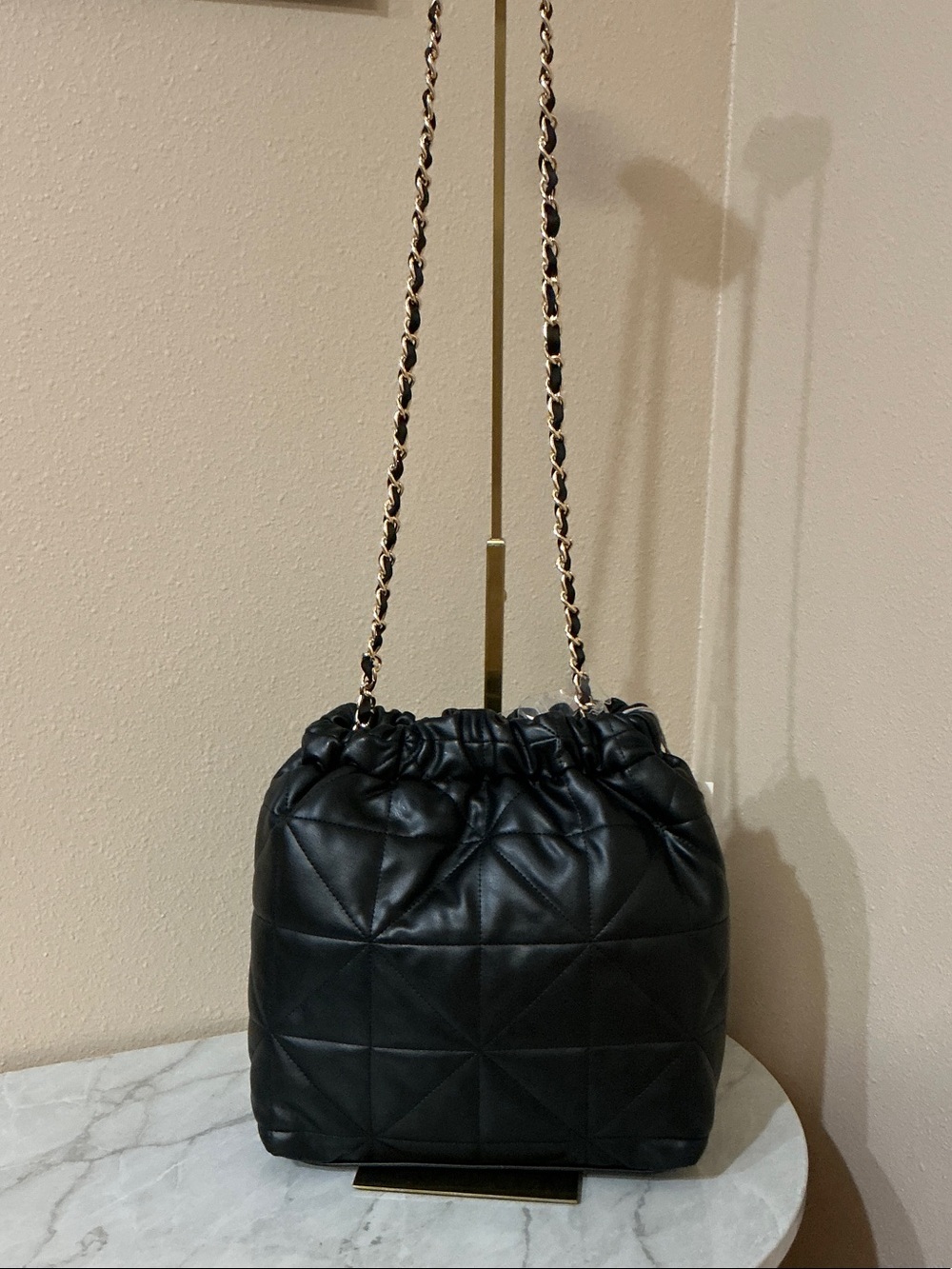 A New Day Black Quilted Drawstring Crossbody with Chain Strap